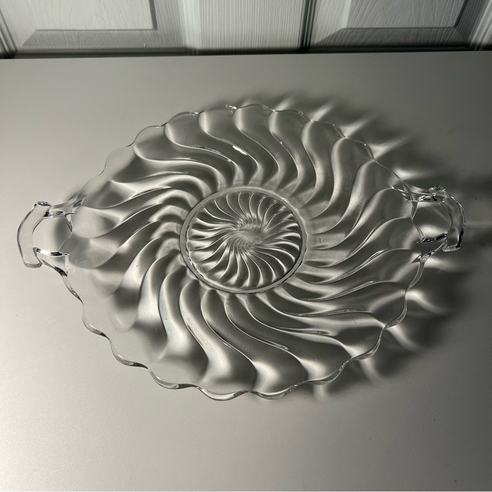 Fostoria Colony Clear Glass Heavy Swirl 2 Handled Cake Plate Serving Platter 12"